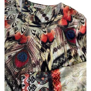 Pieri Womens Peacock Long Sleeve Lightweight Medium Scoop Necked Top Rhinestones